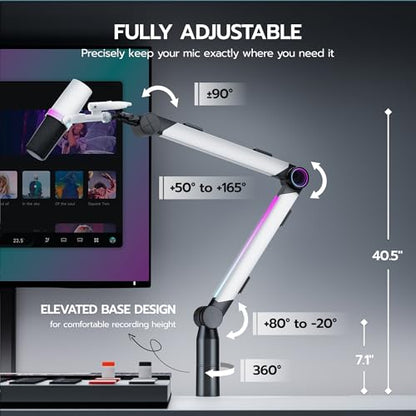 ARES WING Aluminum Microphone Boom Arm with RGB Light and Volume Control, Adjustable Mic Arm Desk Mount with 3/8” to 5/8” Screw Adapter, Suspension Scissor Mic Stand for Gaming Streaming Podcasting