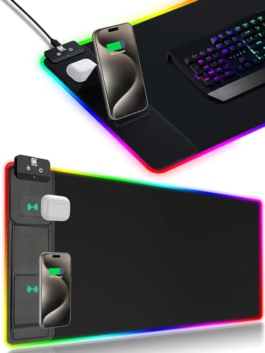 XXL Mouse Pad with Phone Holder - Black, RGB Desk Mat with 15W Fast Charging, LED Gaming Mousepad with 11 Light Colors, Waterproof Non-Slip Pad for Office & Home - color: Black