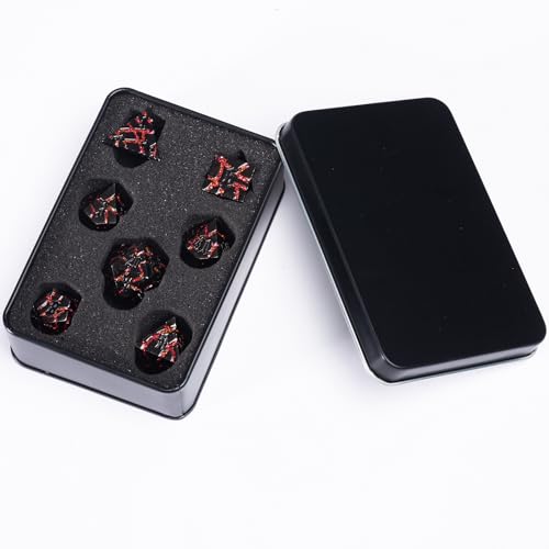 Cracked Rune Metal Dice Set for DND & RPG – Dark Fantasy Fractured Design, Premium Heavy Metal Polyhedral Dice with Deep Engraved Numbers, 7-Piece Set – Red Infernal Vein - color: Matte Black Red
