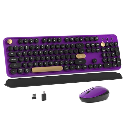 MPTOG Colorful Wireless Computer Keyboard and Mouse Combo with Round Typewriter Keycaps, Retro Design, Power Switch, Ergonomic Design, 2.4GHz Wireless for Windows, Mac, PC(Black-Purple) - color: Black-Purple