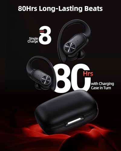PocBuds Bluetooth Headphones Wireless Earbuds 80hrs Playtime Wireless Charging Case Digital Display Sports Ear Buds with Earhook Deep Bass IPX7 Waterproof Over-Ear Earphones for TV Phone Laptop Black - color: Black, style: Standard