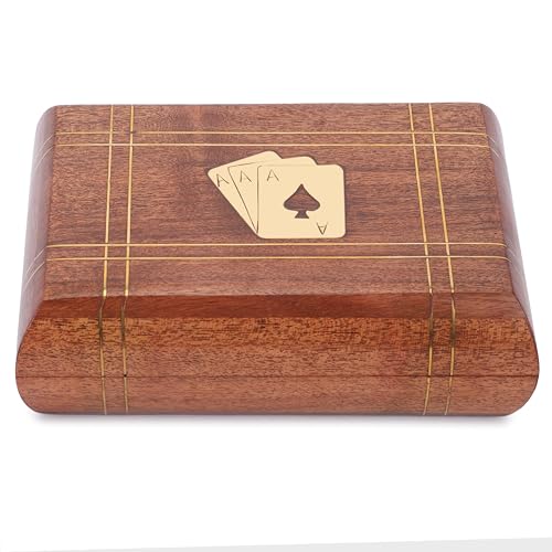 Ajuny Handcrafted Wooden Double Deck Playing Card Box Holder Decorative Storage Case Organizer With 2 Set of Playing Cards Anniversary Housewarming Gifts | Handmade Brass Ace Inlay Design Elegant Twin Card Collector Decorative Storage Case Organiser Poker