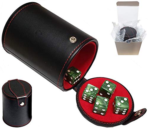 Cyber-Deals Set of 16mm Marbleized Dice and Black PU Leather, Velvet Lined Dice Cup with Storage Compartment (Gift Boxed) (Green Dice, Red Lining Cup) - color: Green Dice, Red Lining Cup