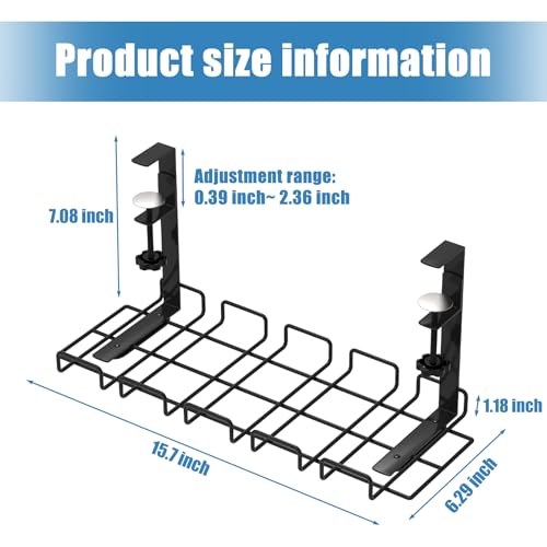 Under Desk Cable Management Tray with 52Pcs Different Essential Accessories | No Drill Steel Cord Organizer Kit for Home Office Standing Desk (15.7/13.4inch, Black)
