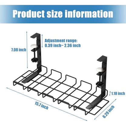 Under Desk Cable Management Tray with 52Pcs Different Essential Accessories | No Drill Steel Cord Organizer Kit for Home Office Standing Desk (15.7/13.4inch, Black)