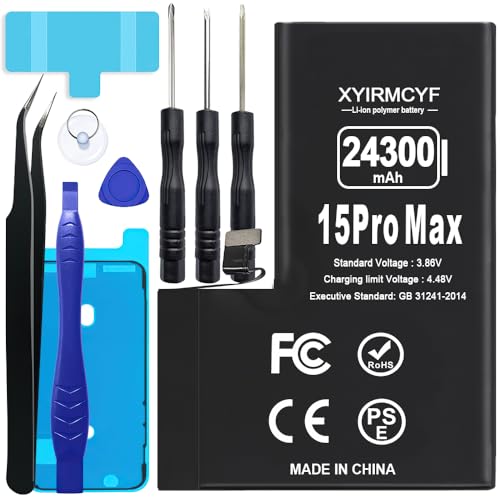 XYIRMCYF 24300mAh Super Capacity Battery Compatible with iPhone 15 Pro Max, 0 Cycle Li-Polymer Replacement Battery for iPhone 15 Pro Max, with Professional Repair Tool Kit - color: 15Promax-24300