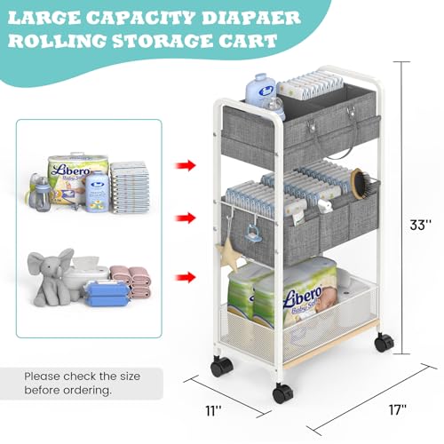 2In1 Baby Diaper Caddy & 3-Tier Rolling Diaper Cart, Diaper Caddy Organizer Cart with Dividers, Metal Detachable Bedside Cart for Baby Nursery Essentials, Large Capacity, Easy to Assemble, White - color: White