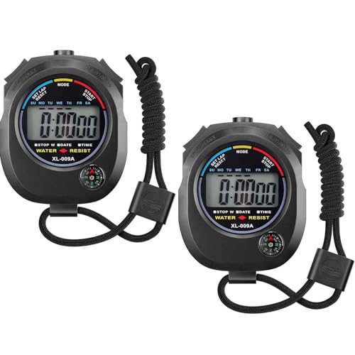 2 Pack Digital Stopwatch Timer: Large Display Multi-Function Stop Watch for Sports Coaches Swimming Running Fitness Referees Electronic Stopwatch with Lap Split Date Time Alarm for Kids Adults - style: style2-2pack/Black