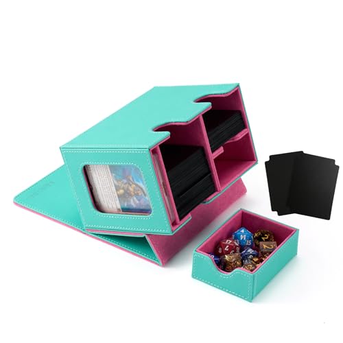 Venssu MTG Deck Box for Commander Display with Dice Tray (Teal & Pink) | Holds 200 Single/160 Double-Sleeved Cards, Fit MTG/PTCG/OPTCG Cards, Strong Magnet, With 2 Dividers & 1 Magnetic Card Holder - color: Teal & Pink