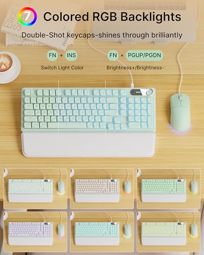EWEADN Wired Keyboard and Mouse Combo with Detachable Wrist Rest, Quiet Ergonomic Keyboard Mouse Set with Multimedia Knob, RGB Backlit, Double-Shot Keycaps Natural Typing for Laptop, PC - Green - color: Green