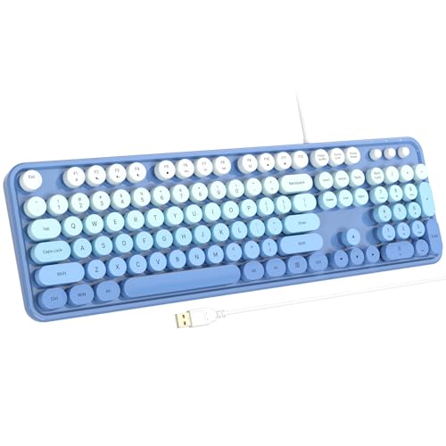 Atelus USB Wired Computer Keyboard - Retro Typewriter Style Full Size Office Keyboard with Number Pad, Caps Indicators, Foldable Stands, for PC Laptop Desktop Windows (Blue) - color: Blue Gradient