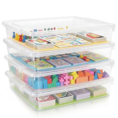 4 Pack Board Game Storage, Large Plastic Storage Bins with Latching Lid (14x13.5x3.15 in), Stackable Paper Storage Box for 12x12 Paper, Board Game, Art Supply, Puzzle, Documents