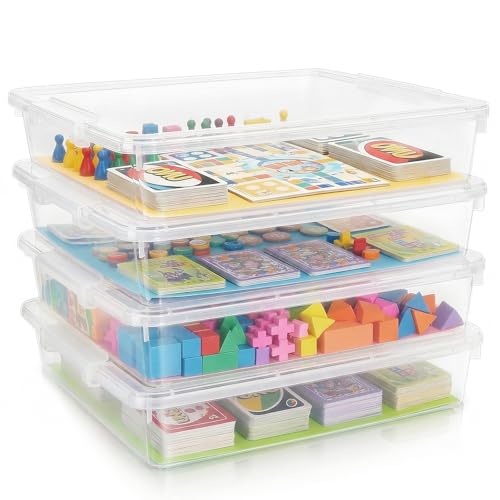 4 Pack Board Game Storage, Large Plastic Storage Bins with Latching Lid (14x13.5x3.15 in), Stackable Paper Storage Box for 12x12 Paper, Board Game, Art Supply, Puzzle, Documents