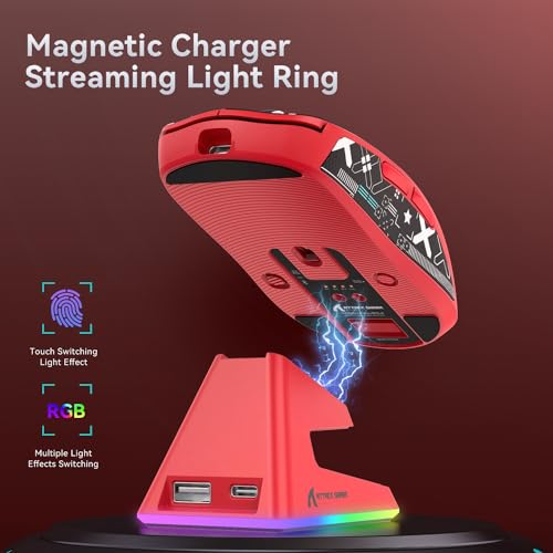 ATTACK SHARK X6 Lightweight Wireless Gaming Mouse with RGB Backlight Charging Base,Tri-Mode Wired/2.4GHz/BT5.2,26K DPI, PAW3395 Optical Sensor,HUANO Switch,5programmable Buttons,PC/Mac(Red+Sticker) - color: Red, size: Mouse with Anti-slip sticker