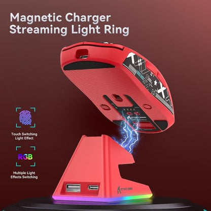 ATTACK SHARK X6 Lightweight Wireless Gaming Mouse with RGB Backlight Charging Base,Tri-Mode Wired/2.4GHz/BT5.2,26K DPI, PAW3395 Optical Sensor,HUANO Switch,5programmable Buttons,PC/Mac(Red+Sticker) - color: Red, size: Mouse with Anti-slip sticker
