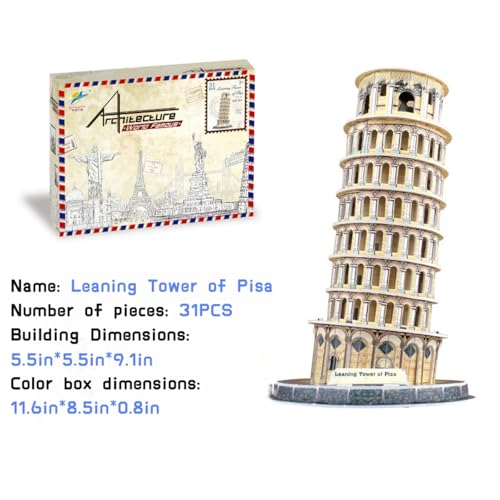 Architecture World Famous of 3D Puzzle.Build Your Own Collection of 17 Global Landmarks (Notre Dame, Colosseum) - Educational DIY Model Kit for Kids & Adults. (Leaning Tower of Pisa) - color: Leaning Tower of Pisa