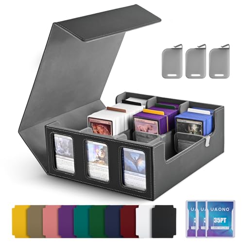 UAONO Card Storage Box for Trading Cards, 1800+ Commander Deck Box for MTG with Display Window, Toploader Card Case fits Magic TCG PTCG Sports Cards; 10 Removable Divider Tabs, 3 Stoppers (Black) - color: Black, size: 3-row