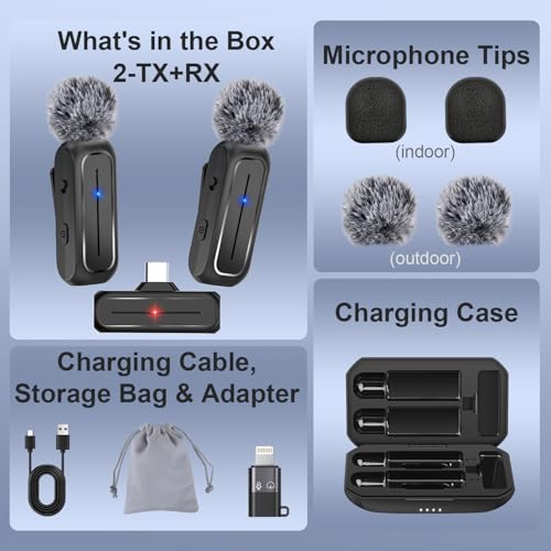 Wireless Mini Lavalier Microphone for iPhone, Android w/ Charging Case | Microphone for Content Creators, 65ft Clip on Dual Mics for TikTok, YouTube, Noise Reduction,Clear Voice, 6H Working Time