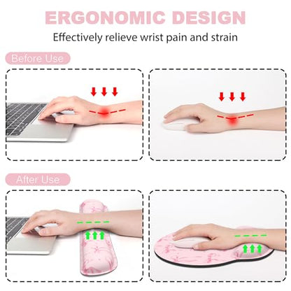 Ergonomic Mouse Pad with Wrist Rest and Keyboard Wrist Rest, Mousepad and Wrist Rest for Computer Keyboard, Non-Slip Rubber Base, Mouse Pad Wrist Support for Gaming, Pink Bow - color: Pink Bow