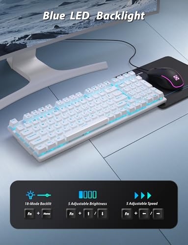 Mechanical Gaming Keyboard and Mouse, 98 Keys LED Backlit Keyboard with Floating Keycap, Ergonomic RGB Gaming Mouse with Mouse Pad Combo, Full Anti-Ghost Wired Keyboard for PC Laptop Gamer, White - color: White-