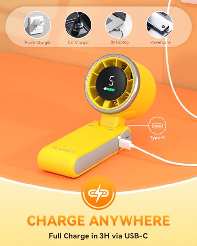 PlayHot Portable Handheld Turbo Fan, Travel Essentials, Gifts for Women/Men | 5-Speed, Up to 12H, 10m/s Airflow, USB-C Rechargeable, LED Display, 3-in-1 Foldable Personal Fan for Cruise, Beach, Vacation - color: Yellow