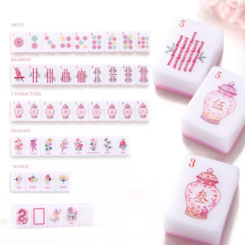 160-Piece Pink Chinoiserie American Mahjong Tile Set for Beginners | 1.2 × 0.9 × 0.5 in, Melamine Tiles with Dice, Engraved Easy-Read Tiles, Game Nights, Storage Bag & Accessories, No Racks