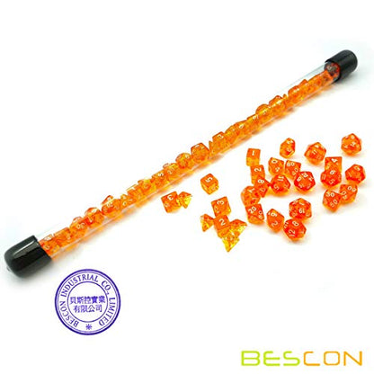 Bescon 28pcs Translucent Orange Mini Polyhedral Dice Set in Tube, Small Role Playing Polyhedral Dice 4X7pcs,Mini Gem Dice Set - color: 4x7 28pcs Gem Orange Tube