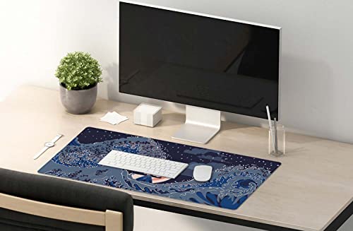 SSOIU Nightscape with Big Ocean Waves Mouse Pad 35.5 X 15.7 Inch XXL Modern Full Desk Mousepad Extended Large Non-Slip Rubber Base Waterproof Big Keyboard Mat with Stitched Edges for Gaming and Office - color: Nightscape With Big Ocean Waves