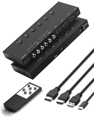 5-in-1 HDMI/AV Switcher, RCA to Digital Converter – 2 AV & 3 HDMI Inputs, Support HDR & HDCP 2.2 & Full 3D for Sega/Xbox/PS1/PS2/Xbox,PS5/PS4,Roku,Fire Stick - size: 2AV+3HDMI to HDMI Converter