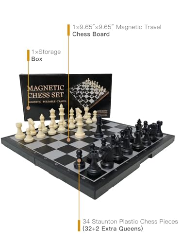 9.6" Magnetic Travel Chess Set - Folding Chess Board with Storage Box & 2 Extra Queens - Portable Staunton Chess Set for Kids & Adults Beginners - Compact Learning Chess Set for Road Trips & Travel