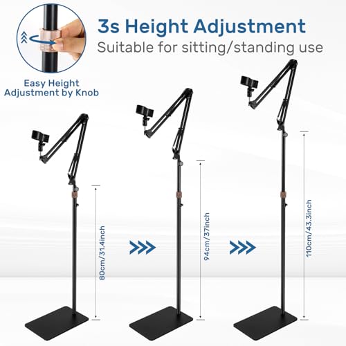 Microphone Stand Floor with Tray & Boom Arm, 5.5lbs Weighted Base | Height Adjustable Studio/Podcast Mic Stand w/ 3/8'' to 5/8'' Adapter & 2 Mic Clips Compatible with Blue Yeti QuadCast AT2020