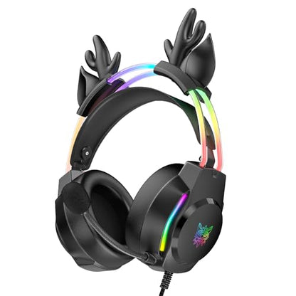 Gaming Headset with Microphone, Deer Ears Headphones for PC Laptop PS4 PS5 Xbox Switch, Rainbow RGB Lighting & Virtual Surround Sound, 3.5mm Over Ear Headphones, Ergonomic - color: Black Deer Ear