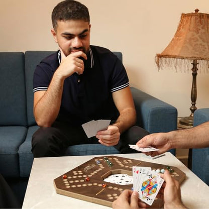 Jackaroo Board Game, 2-4 Player Marble Chase Board Game, Solid Wooden Game with 16 Glass Marbles and 52 Cards, Marble Strategy Game, Jokers and Marbles Game Foldable Board with Carry Bag (Walnut) - color: Walnut