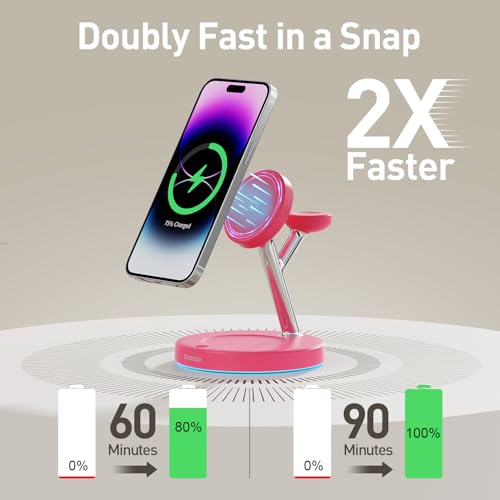 【Adjustable Blue Ambient Light】 Wireless Charger 3 in 1 for iPhone, Magnetic Charging Station for Apple Family,15W Fast MagSafe Charger Stand,for iPhone17-12-iWatch AirPods Series - color: Rose Red