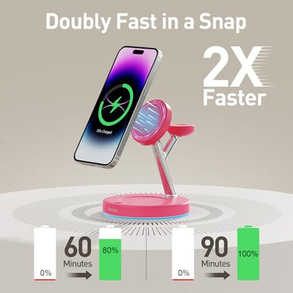 【Adjustable Blue Ambient Light】 Wireless Charger 3 in 1 for iPhone, Magnetic Charging Station for Apple Family,15W Fast MagSafe Charger Stand,for iPhone17-12-iWatch AirPods Series - color: Rose Red