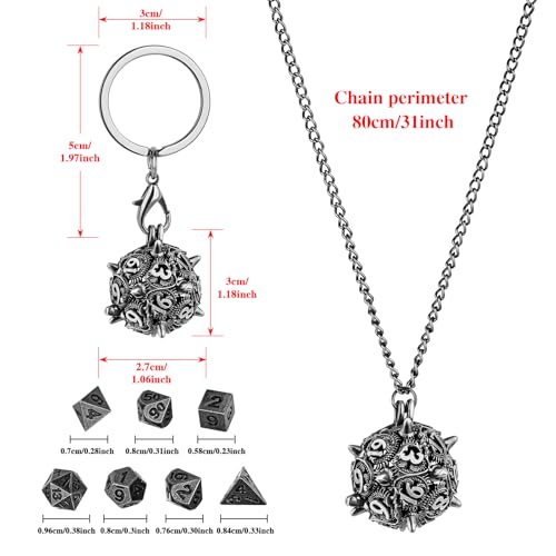 Mini DND Dice Set with D20 Spike Metal Cage Portable Keychain Necklace, Tiny 7pcs Polyhedral D&D Dice Set, DND Gifts with Gift Box, D&D Accessories for RPG, Dark Silver - color: Dark Silver