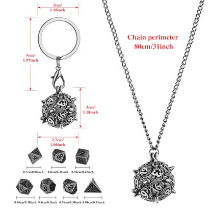 Mini DND Dice Set with D20 Spike Metal Cage Portable Keychain Necklace, Tiny 7pcs Polyhedral D&D Dice Set, DND Gifts with Gift Box, D&D Accessories for RPG, Dark Silver - color: Dark Silver