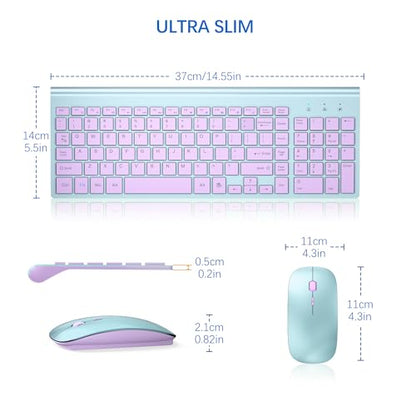 Wireless Keyboard and Mouse Ultra Slim Combo, TopMate 2.4G Silent Compact USB 2400DPI Mouse and Scissor Switch Keyboard Set with Cover, Batteries Included, for PC/Laptop/Windows/Mac - Blue Purple - color: Blue Purple
