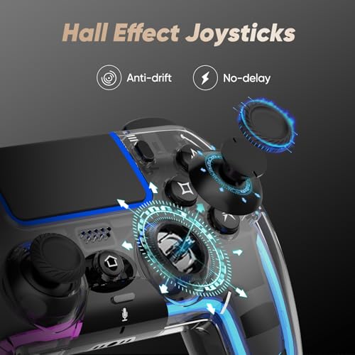 BETMI Wireless Controller for PS5, Pro/Slim/MAC/Steam Deck/PC, Hall Effect Joysticks,Dual Vibration, Marco/Turbo, 3.5mm Audio Jack, 6-Axis Gyro, Mute, Bluetooth LED Gamepad with Speaker(9 Colors Single & Dual-Color LED, L Pink R Cyan, Transparent)