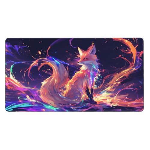 MTG Playmat Iridescent Fox TCG Play Mat Original Hand-Painted Design Stitched Edges Smooth Cloth Surface Non-Slip Rubber Base for Trading Card Games Board Games 23.5x13.8in