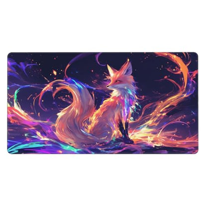 MTG Playmat Iridescent Fox TCG Play Mat Original Hand-Painted Design Stitched Edges Smooth Cloth Surface Non-Slip Rubber Base for Trading Card Games Board Games 23.5x13.8in