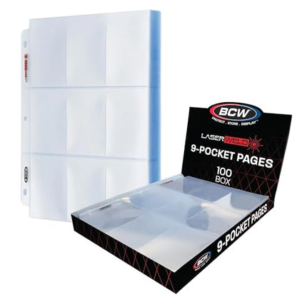 BCW LaserWeld 9 Pocket Pages - 100 Page Pack | Glass-Like Clear Flat Lay | Premium Ultra Flat and Clear Pocket Pages for Cards | Trading Card Binder Sleeves for Pokemon, MTG, Baseball, Basketball - style: 100 Pack