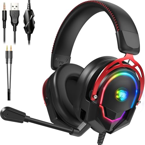 K98 Wired RGB Gaming Headset with Mic, Over Ear Gaming Headphones, 50mm Neodymium Drivers, Noise Isolating Microphone, Memory Foam Cushions, Aluminum Alloy Frame for PC, PS5, PS4, Xbox, Switch - color: Black/Red RGB