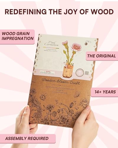 3D Flower Wooden Puzzles for Adults-Pink Carnation, DIY Wooden Flowers Model Kit Building Set Crafts Birthday Gifts, Artificial Botanical Collection Creative Gift Ideas/Housewarming (124PCS) - style: TW - Pink Carnation