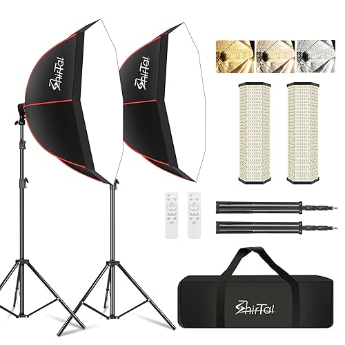 Softbox Lighting Kit,37" Octangle Softbox Photography Lighting Kit with 110W 2700-6500K 11000Lux Dimmable LED Prismatic Lamp and Remote Control,Photo Studio Soft Box Lights for Video Recording - color: White