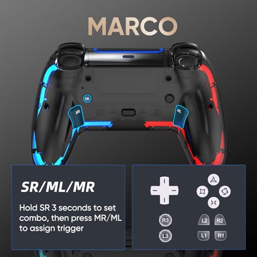 BETMI Wireless Controller for PS5, Pro/Slim/MAC/PC (Transparent Black) | Hall Effect Joysticks, Dual Vibration, Marco/Turbo/3.5mm Jack/6-Axis Gyro, Speaker, LED Gamepad for Steam Deck, L Red R Blue - color: Transparent Black, L Red R Blue