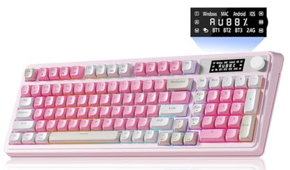 AULA S99pro Wireless Pink Keyboard,Full Size Creamy Gaming Keyboard | Tri-Mode Bluetooth/wireless/2.4GHz,RGB Backlit,Media Knob Programmable ABS Keycaps&Screen,Membrane Keyboard with Number Pad - color: White Pink