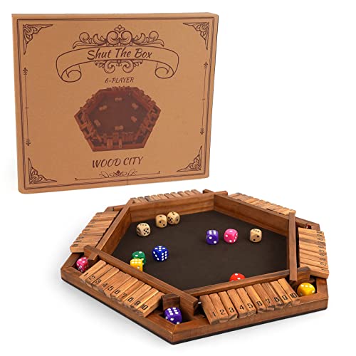 WOOD CITY Shut The Box Game Wooden for 6 Players, Close The Box Math Game for Kids Adults with 16 Dice, 6 Way Tabletop Quick Board Game for Family Friends 3+ Years Old in Classroom, Party or Pub - style: 6 Players