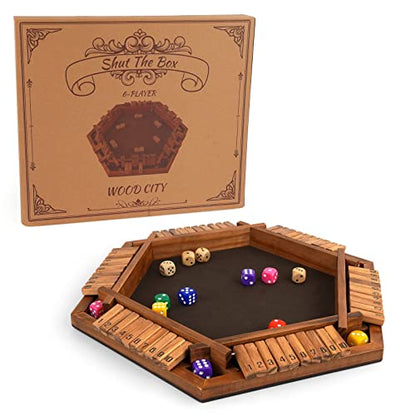 WOOD CITY Shut The Box Game Wooden for 6 Players, Close The Box Math Game for Kids Adults with 16 Dice, 6 Way Tabletop Quick Board Game for Family Friends 3+ Years Old in Classroom, Party or Pub - style: 6 Players