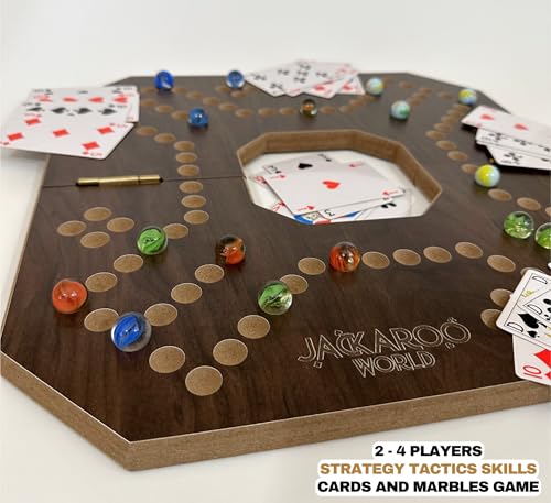 Jackaroo Board Game, 2-4 Player Marble Chase Board Game, Solid Wooden Game with 16 Glass Marbles and 52 Cards, Marble Strategy Game, Jokers and Marbles Game Foldable Board with Carry Bag (Walnut) - color: Walnut